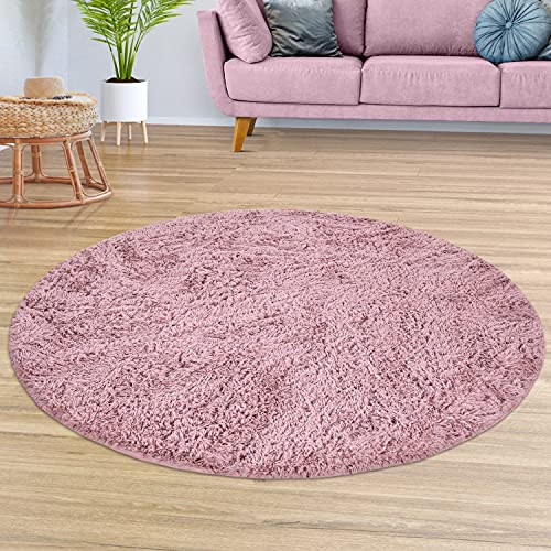 TT Home Wohnzimmer Teppich Hochflor Langflor Schlafzimmer Modern Plüschig Unifarben, Farbe:Rosa, Größe:80 cm Rund