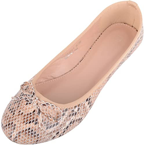 ABSOLUTE FOOTWEAR Womens Easy Slip On Snake Pattern Casual Ballerina Style Dolly Pump Shoes - Tan - UK 4 / EU 37