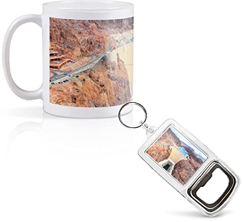 1 x 11oz (284ml) White Ceramic Mug Cup & 1 x Bottle Opener Keyring - Hoover Dam Nevada USA Design for Coffee Tea Drinks Kitchen Birthday Office #3356