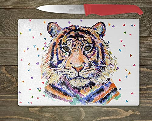 Tiger Glass Chopping Board, Watercolour Heart, Worktop Saver, New Home Gifts, Bengal Tiger Gifts, Kitchen Worktop Protector, Animal Artwork, Cutting Board, Counter Surface Saver (A4-20x28cm)