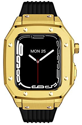 Enze - Funda de Acero Inoxidable Compatible con Apple Watch Series 7 de 45 mm 6/5/4 iWatch SE de 44 mm Resistente Funda Protectora a Prueba de Caídas con Correa Deportiva de Silicona