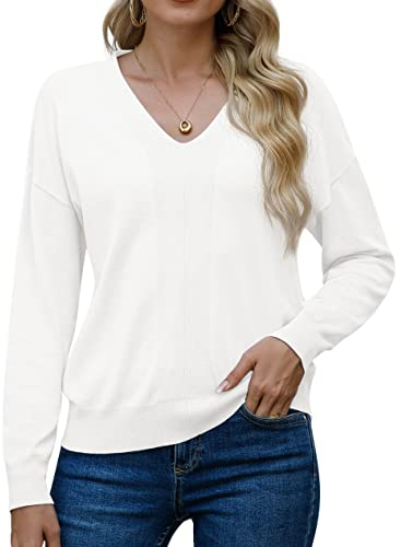 PrinStory Damen Pullover Langarm Sweaters Für Damen V-Ausschnitt Kausale Sweatshirts Warm Winter Herbst Strickwaren (Weiß, L)