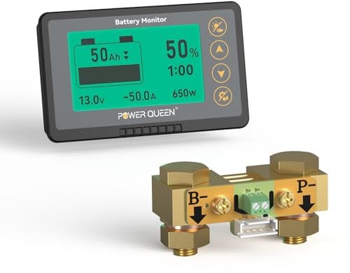 power queen 500A Battery Monitor with Shunt | Programmable Alarm | 8V-120V Voltage Range | LCD Display | 20ft Shielded Wire | Compatible with 12V Lithium, LiFePO4, Gel, Flooded Batteries
