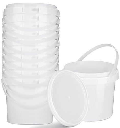 Gerrii Paquete de 10 cubos de plástico blanco de 1.5 cuartos de galón con asa y tapa, cubo duradero multiusos para almacenamiento de alimentos, contenedor para pintura, agua, pavo, manualidades,