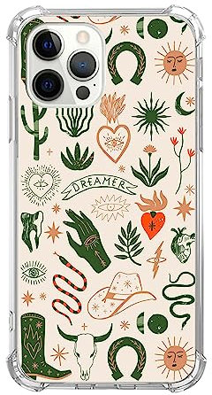 Rewput Boho Cowboy Phone Case for iPhone 15 Pro, Wild West Cactus Boots Moon Sun Pattern Cover for Women Men Girls Boys, Trendy Design TPU Bumper Cover Case for iPhone 15 Pro