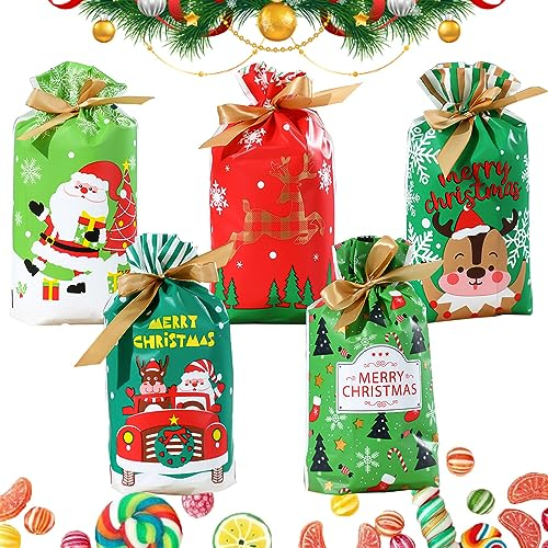 50 Stück Weihnachtsbonbontüte,Weihnachten Geschenkbeutel mit Kordelzug,Weihnachtsgeschenkbeutel,Weihnachtstüten Süßigkeiten,Partytüten mit Kordelzug,Kekstüten Weihnachten,Bonbon Tasche (Weihnachten B)