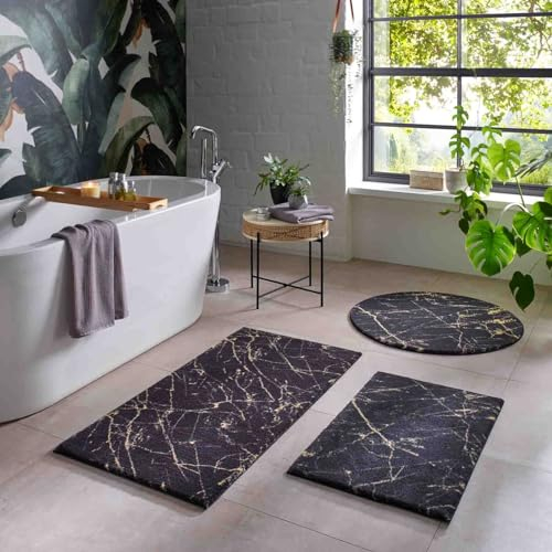 Taracarpet Badematte Badteppich für das Badezimmer waschbar in der Waschmachine Blitz Marmor Abstrakt Muster schwarz-Gold 080x150 cm