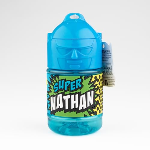 Bottiglia personalizzata per bambini, borraccia con cannuccia - Super Nathan, blu