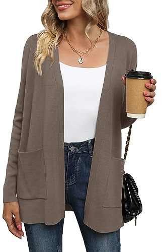 Yommay Strickjacke für Damen Elegante locker lässig leichtes Frauen Herbst Langarm Pullover mit Taschen,Braun,XL