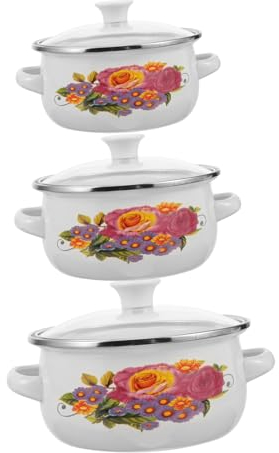 PRETYZOOM 3 Pcs Stockpots for Cooking Stockpot with Lid Stovetop Sauce Pans Sauce Pot Enamel Pot with Double Handle Pasta Pot Non Stick Cooking Utensils Enamel Pot for Cooking Vintage Boiler