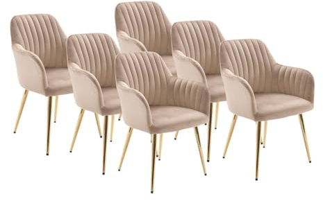 Vente-unique-Stuhl mit Armlehnen 6er-Set - Samt & goldfarbenes Metall - Beige - Eleana