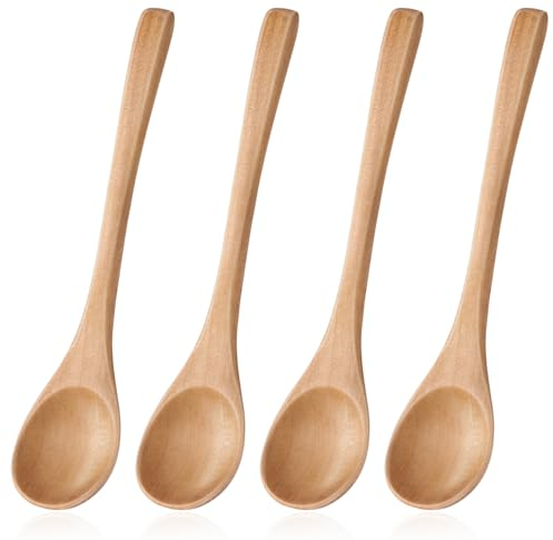 cobee Cucharas de madera pequeñas, 4 unidades, de mango largo, cucharas de madera para cocinar, cucharas soperas, mango largo, utensilios de cocina, cucharas de madera para el hogar, cocina,