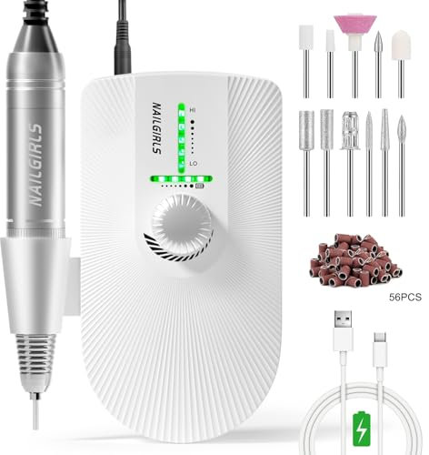 NAILGIRLS Cordless Electric Nail Files, T18 Professional Rechargeable Nail Drill 35000 RPM, Portable E File Kit for Acrylic Gel Nails Manicure Salon Home, White
