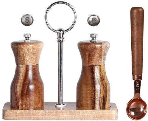 Salt and Pepper Grinder Set with Holder Scoop, Acacia Wood Manual Mill Grinders Wood Salt Mill Pepper Shaker for Kitchen Spice Mills with Adjustable Coarseness - Easy to Use and Fill