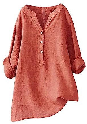 Damen Tunika Top Musselin Longbluse Sommer, Bügelfrei Elegante Langarm Leinen Tops, Orange, 5XL