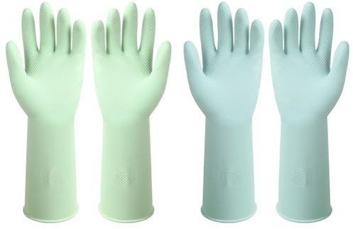 ZUIMER Rubber Dishwashing Gloves, Reusable Kitchen Gloves, 2 Pairs, Cleaning Gloves for Washing Dishes, Durable and Non-Slip (Light Blue & Light Green Medium