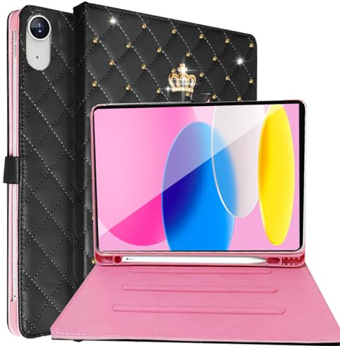 Changjia for iPad (A16) 11th Gen 11 Inch 2025/iPad 10th Generation 10.9 2022 Case with Pencil Holder,Cute Crown Diamond Elegant PU Leather Auto Sleep/Wake Stand Protective Case for iPad 10/11th,Black