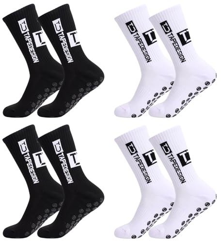 4 Paare Rutschfeste Sportsocken Atmungsaktiv Anti Rutsch Grip Fußball Socken für Herren Damen Fußballsocken für Fussball Basketball Marathon Laufen (Einheitsgröße, 2 weiß + 2 schwarz)