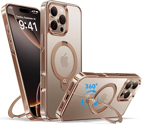 CASEKOO Desert Titanium for iPhone 16 Pro Case with 360° Integrated Magnetic Stand [Compatible with MagSafe][16FT Military Protection] Polished Clear for iPhone 16 Pro Case, Rose Gold