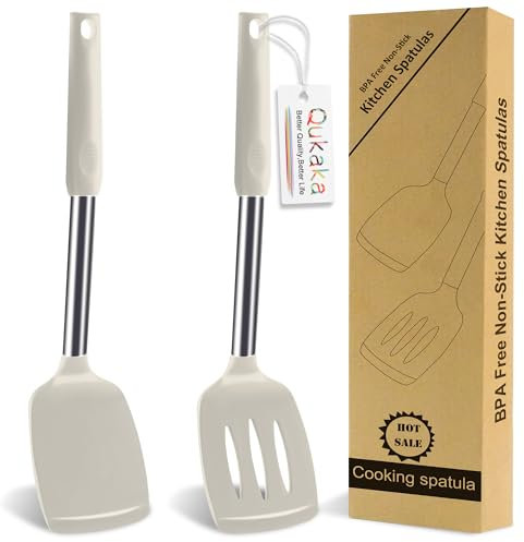 Qukaka 2 Pack Silicone Spatula Set,Solid & Slotted Spatulas Silicone Heat Resistant,Turner for Kitchen Use,Rubber Spatulas for Fish, Eggs, Pancakes, WOK, Kitchen Utensils Set