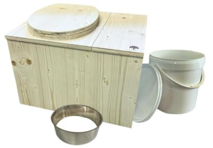 Toilette seche INTEGRAL en Bois avec bac à copeaux intégré, bavette INOX et seau plastique 20L - Fabrication Française Artisanale -