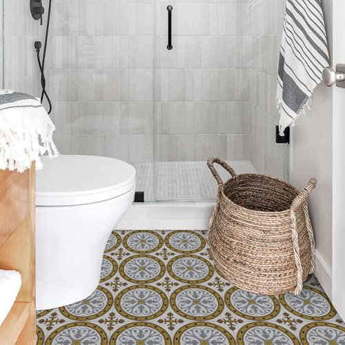 Alwayspon 12Pcs 30cmx30cm Yellow Circle Waterproof Vinyl Flooring Self Adhesive Floor Tiles Sticker Peel and Stick Vinyl Flooring Planks for Kitchen Living Room and Bathroom Floor, PTF93