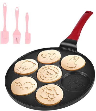 WEGREAT 26cm Pancake Pfanne Antihaft: Sieben Löcher Crepe Pfanne Crepes Maker mit Tier, Pfannkuchenpfanne Pancake Maker für Gas usw, Spiegeleipfanne für Omeletts Pfannkuchen Burger