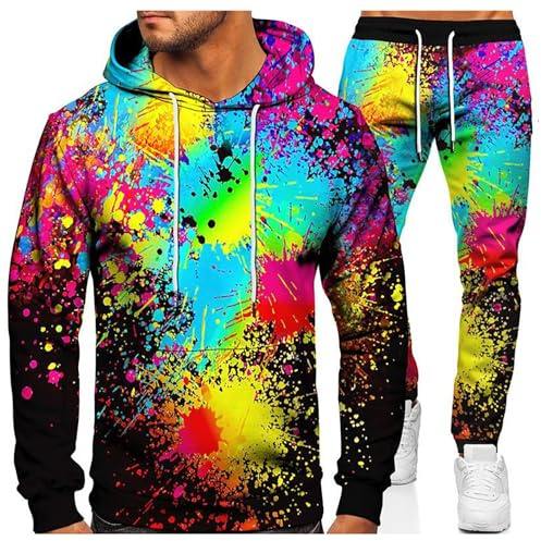 Foweknow Jogginganzug Herren Bunt Druck Sportanzug Modische Hoodie Sweatpants Set Persönlichkeit Streetwear Laufanzug Bequeme Kapuzenpullover Lässig Sporthose 2 Teiler Outfit