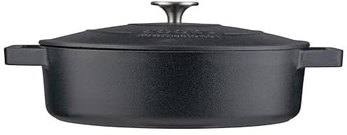 Cooks Professional 28cm Cast Iron Shallow Casserole Dish 4.3L with Lid & Handles | Colourful Modern Enamelled Cooking Pan Pot | Suitable For All Hobs Inc Induction | Oven & Grill Safe | Matt Black