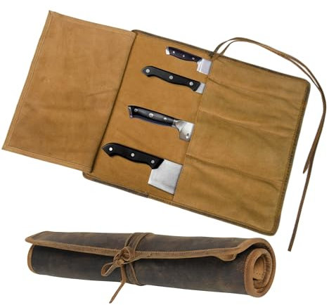 Autentico Leather Kleines Messeretui aus echtem Büffelleder, für Kochmesser, Rollen, Besteck, Etui, Organizer, Aufbewahrungstasche, Reisefreundlich, Künstler, Geschenk für Männer und Frauen, Teakholz