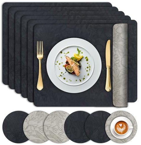 Placemats and Coaster Sets 6, Dual Sided Leather Floral Place Mats 43x30cm Heat Resistant Washable and Non Slip, Stain Resistant Wipe Clean Coffee Table Mat for Kitchen Indoor Outdoor Party,Black Grey