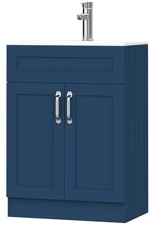 BELOFAY Vanity Unit With Basin | 600mm Floor Standing Bathroom Vanity Units With Basin | 1 Tap Hole Ceramic Bathroom Sink | Lacquered Finish | Waste Included (Crawley Blue)