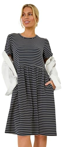 Roman Stretch Dress with Pockets for Women UK - Ladies Jersey Gathered Waist Spring Summer Knee Length Smart Casual Work Cocktail Party Going Out Fit & Flare Dinner - Petite Stripe Navy - Size 18