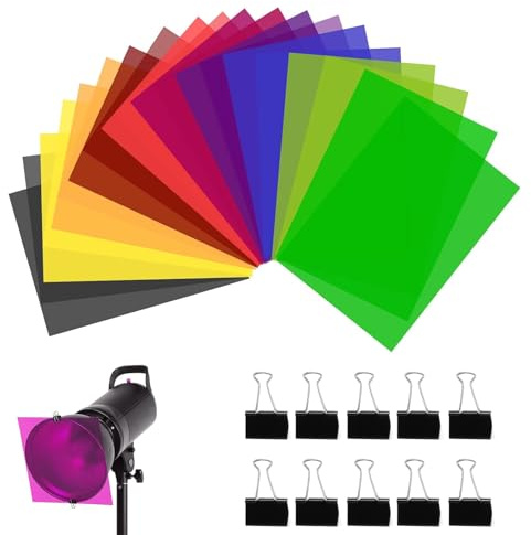 EULAPGOE 20 Stück Farbkorrektur Gel Lichtfilter,Farbfolien für Scheinwerfer,Scheinwerfer Folie Farbfilter Set – A4 Farbfolien – 10 Farben–mit 10 Clips–DIY Beleuchtung