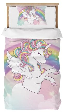 Caregchrisj Housse de Couette 90x190 Enfant Fille, Parure de Lit 1 Personne Rose Arc-en-Ciel Licorne - Microfibre Parure de Couette avec Fermeture Eclair + 1Taie d'oreiller 40x60cm