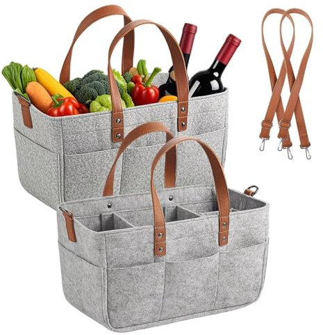 2er Filztasche Einkaufskorb, 16L Filztaschen Einkaufstasche mit Fächern, Filztasche Storage Faltbar, Robust Kaminholztasche für Outdoor Trips, Picknick, Einkaufen, Grau, 38x23x18cm
