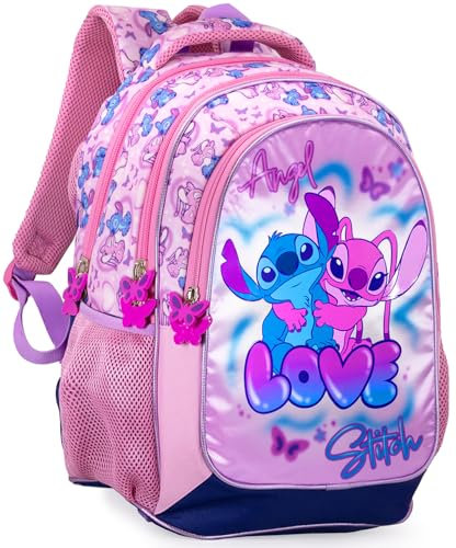 Clondo Zaino Scuola Elementare Bambina 43x33x15 cm – Multitasche Per Stitch Fan – Schienale Ergonomico, Spallacci Imbottiti, Tasche Porta Borraccia, Grande Capacità e Design Brillante