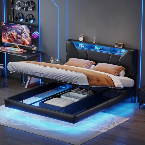 JYNVO Letto imbottito 160 x 200 con illuminazione a LED, con Contenitore idraulico, testiera regolabile, Interfaccia USB, letto sospeso, letto matrimoniale, PU nero, design fluttuante