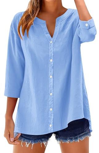 Rapbin Womens Tops 3/4 Length Sleeve Cotton Linen Button Down Ladies Blouses V Neck Solid Casual Loose Fit Roll Up Sleeve T-Shirt