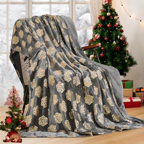 WONGS BEDDING Weihnachtsdecke Kuscheldecke 150x200 cm Sherpa Decke Flauschig Weihnachts, Wohndecke Schneeflocken WarmDecke Wohndecke Blanket für Bett Sofa Schlafzimmer Büro, Grau