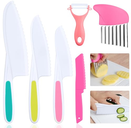 HOTUT Montessori Lot de 6 couteaux de cuisine en nylon pour enfants avec bords dentelés, éplucheur en Y pour la cuisine et la coupe des fruits, convient pour les enfants et les débutants