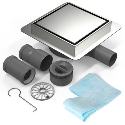 EFUTURETIME Duschrinne 20 × 20cm Quadrat Befliesbar Edelstahl mit Siphon | Duschablauf-Komplettset mit 360°, Geruchsstop und Haarsieb, Bodenablauf Flach, DN40/DN50-Anschlussrohr, für Begehbare Dusche