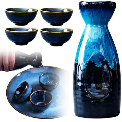 5 Pièces Service à Saké: Pot à Sake en Céramique, Design Élégant Tasses à Sake, Couleur Bleu, Finition Artisanale, für Dîner, Réunion, Cadeau