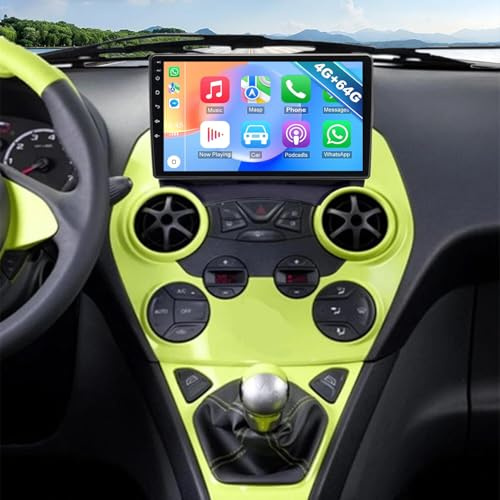 4+64G Car Stereo Radio for Ford Ka 2008-2014 Android 14 Head Unit with Wireless Carplay Android Auto GPS Navi 9 inch Touch Screen Bluetooth Wifi FM RDS SWC Mirror Link Split Screen Backup Camera/Mic