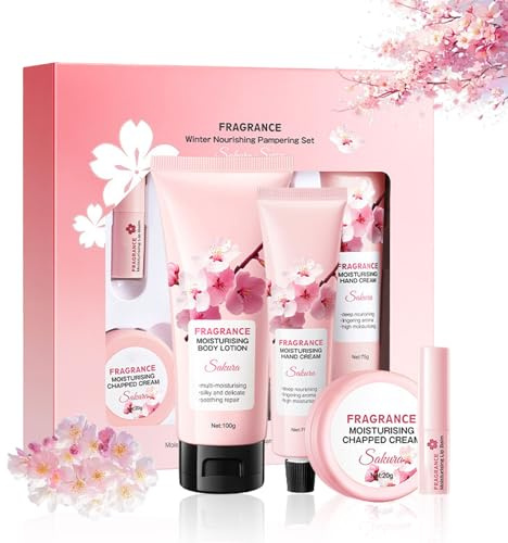 Sakura Geschenk Set für Frauen, Skin Care Set, Sakura Pflegeset Damen, Feuchtigkeit Geschenkset Frauen, Handcreme Mini, mit Bodylotion, Handcreme, Lippenbalsam, Creme für Rissige Haut, 4tlg