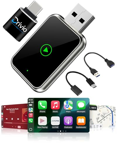 Drivio CarPlay Wireless Adapter für iPhone und Android | CarPlay Wireless USB Adapter mit Display-Spiegel | Bluetooth Dongle 2026 für Apple Play für Auto-Zubehör Android Auto USB