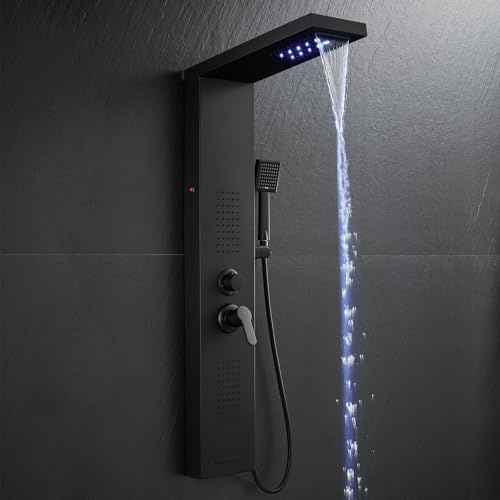ROVOGO Panneau Colonne de Douche Hydromassante LED Totalement noire 5 Modes | Colonne de Douche Mitigeur, Pommeau Pluie & Cascade, Jets Massage, Douchette à Main, Bec Baignoire, Acier Inox, Montage Mural
