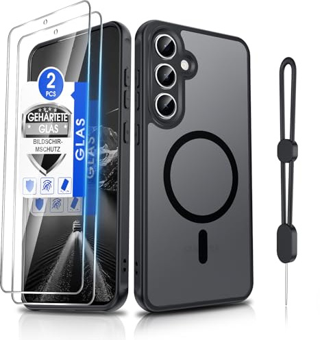 Dizn Magnetisch Hülle für Samsung Galaxy S24-FE 5G: [𝐍𝐢𝐜𝐡𝐭 𝐟ü𝐫 𝗦𝟮4], für MagSafe, 2 Panzerglas Folie, Kameraschutz,Band,Matt Translucent,Militärstandard Schutz,Magnet HandyHülle S24FE,Schwarz