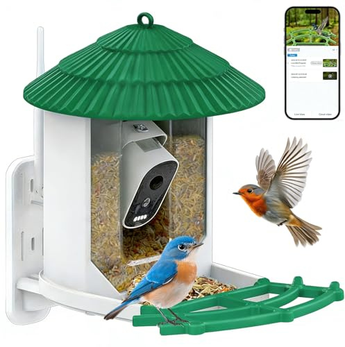 Smart Bird Feeder Camera with 1080p HD Resolution, 5200mAh Bird Feeding Stations with Wi-Fi camera and Solar Powered, AI Identify Birds, IP65,Night Vision,Notifications, Automatic Video Recording