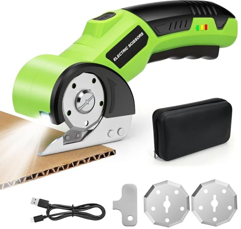 Ykall Akku-Kartonschneider 4.2V, selbstschärfend, mit 2 Klingen & LED-Licht | 4.2V Akku-Kartonschneider, 320 U/min. Sicherheitsverriegelung & LED, für Karton, Leder, Teppich. 2 Klingen & USB-C inkl.